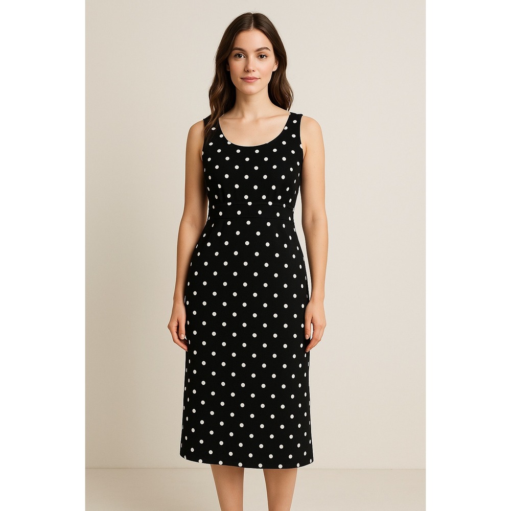 Kasper Dress Polka Dot Size 12 Black White High Waisted Sleeveless Work Classic